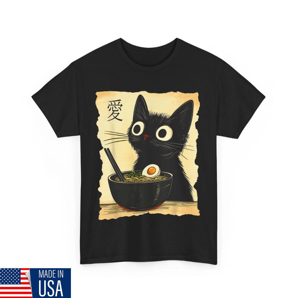 Funny Cat Ramen Graphic Tee Japanese Kawaii Anime Cat T-Shirt, Cat Ramen Shirt Unisex T-Shirt XL