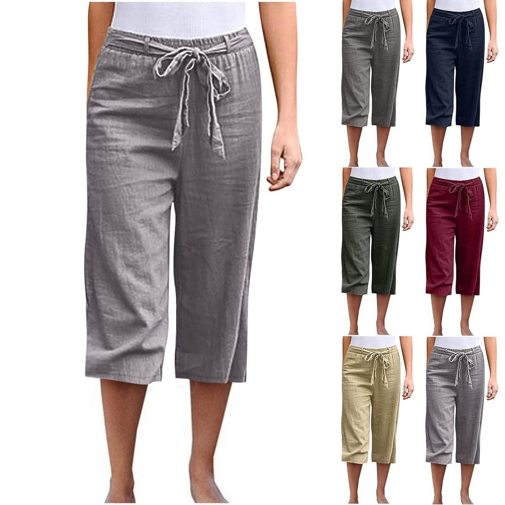Loose Linen Pants For Women Casual Summer Elastic Tie Waist Pants Wide Leg Cropped Trousers With Pockets