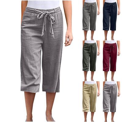 Loose Linen Pants For Women Casual Summer Elastic Tie Waist Pants Wide Leg Cropped Trousers With Pockets