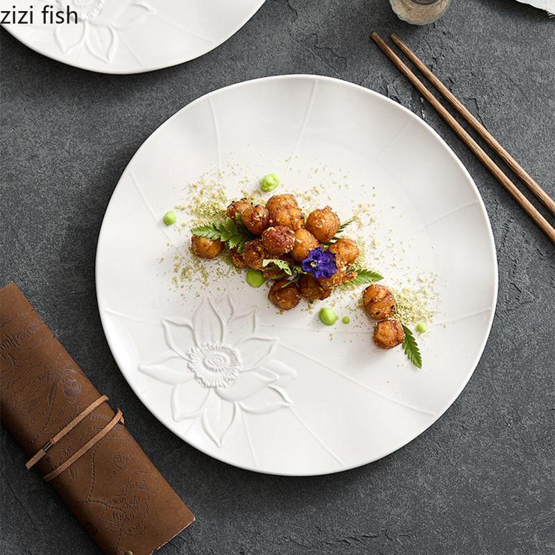 Reinweißer Relief-Lotusteller, Keramik-Steakteller, Pastateller, Sushi-Teller, Restaurant, Molekularküche, kreatives Geschirr