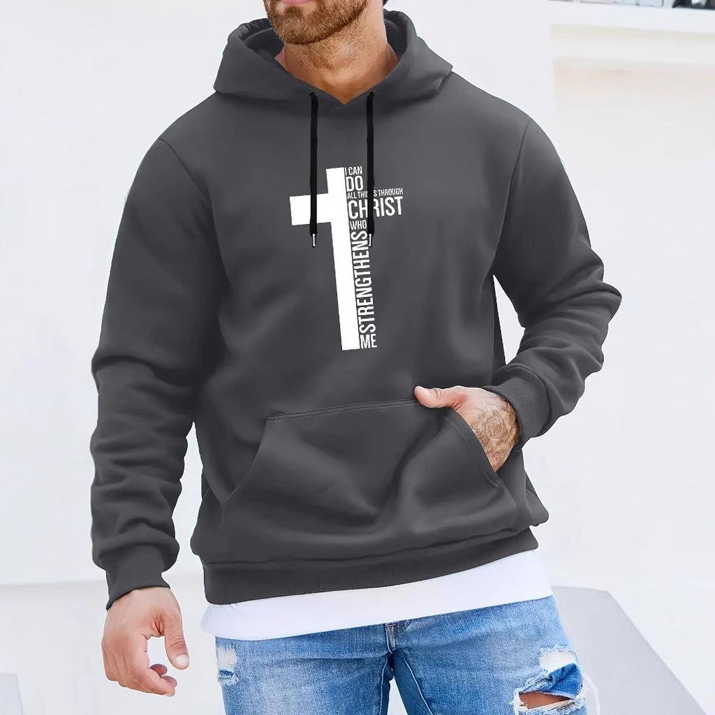 Men's 2025 Creative Black & White Cross Pattern Hoodie with Curved Hood