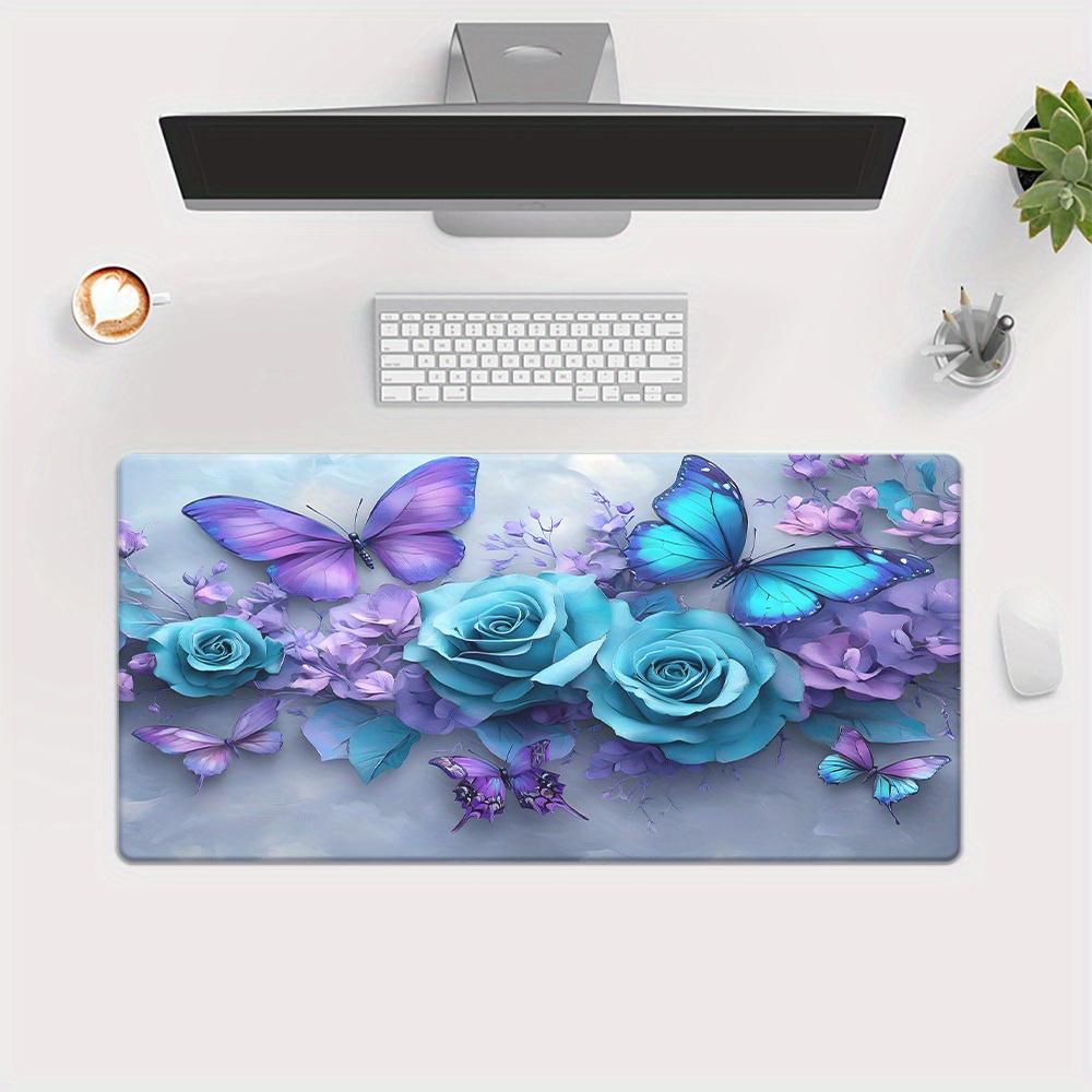 pc Mouse Pad with Purple Butterfly  Blue Rose Design  NonSlip Rubber Base Large Desk Mat for Gaming  Office Decor Durable
