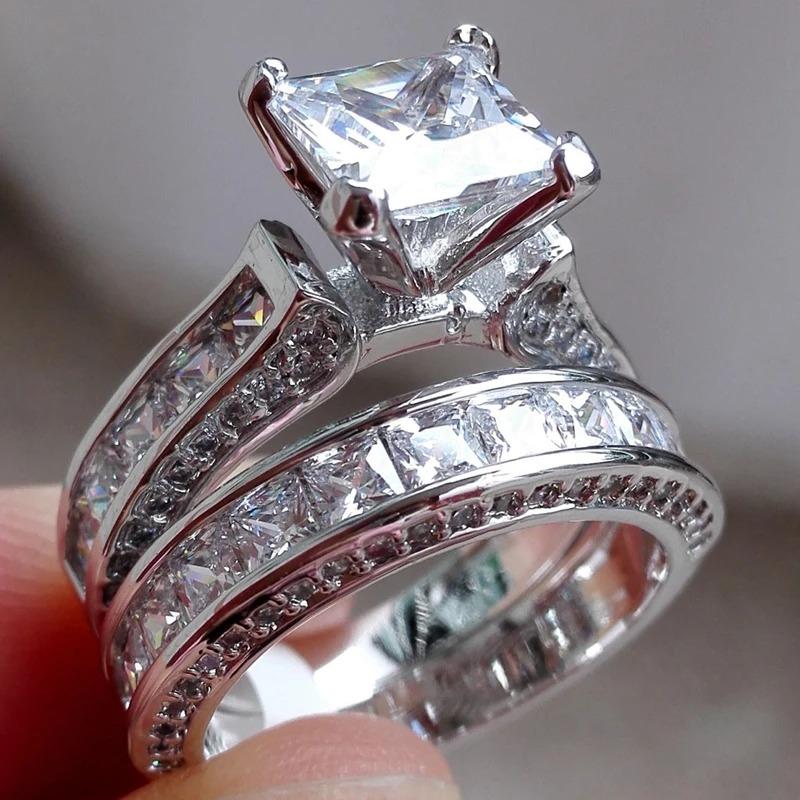 2Pcs/set Fashion Bridal Set Elegant Rings for Women Wedding Engagement Jewelry With Full Shiny Crystal Zircon Female Ring 5