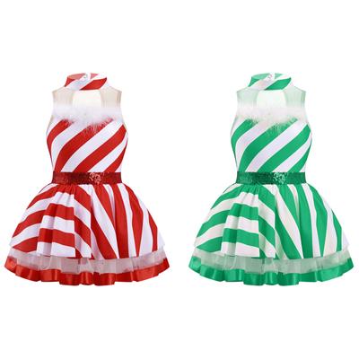 Girls Christmas Dress Mock Neck Sleeveless Keyhole Back Mesh Patchwork Stripes Print Party Costume