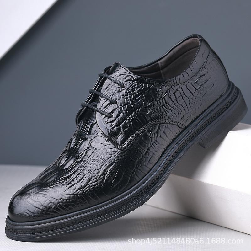 2025 Carved First Layer Cowhide Crocodile Pattern Business Casual Men's Leather Shoes Fashion British Dress Round Head Lace-up Men's Shoes