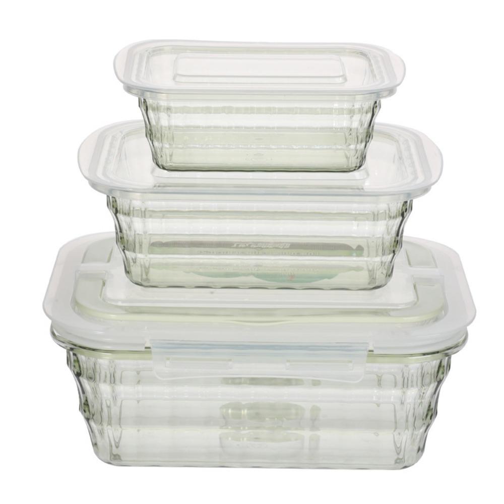 3PCS Stripe Pattern Food Keeping Container Transparent Fresh Keeping Case Kitchen Organizer  Grain Rectangular Green