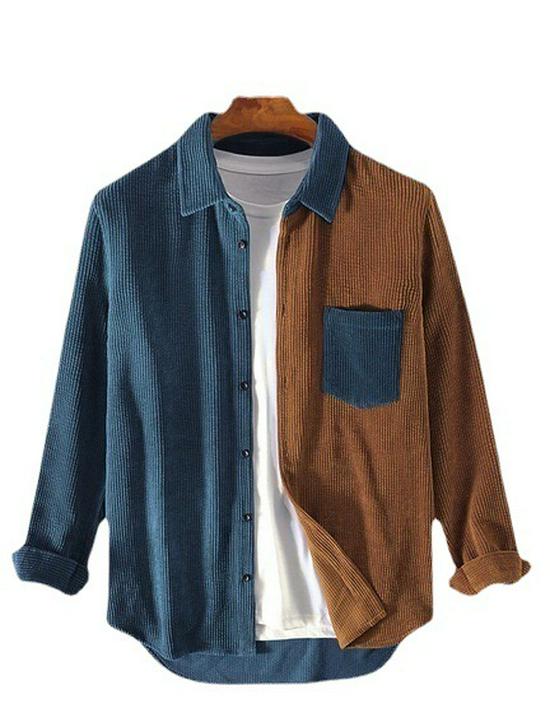 Autumn 2025 Men's Corduroy Colorblock Loose Long-Sleeve Shirt – Korean Japanese Style