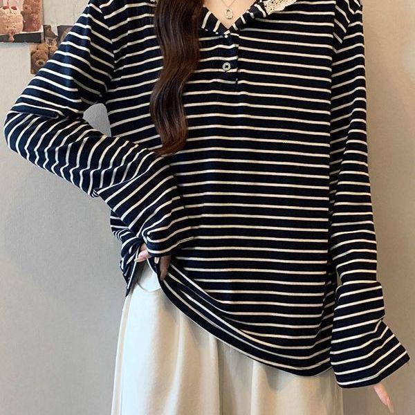 

Korean Lace Trim Striped Hoodie T-shirt for Women - Spring/Autumn, Casual Loose Fit Top Large темно-синий