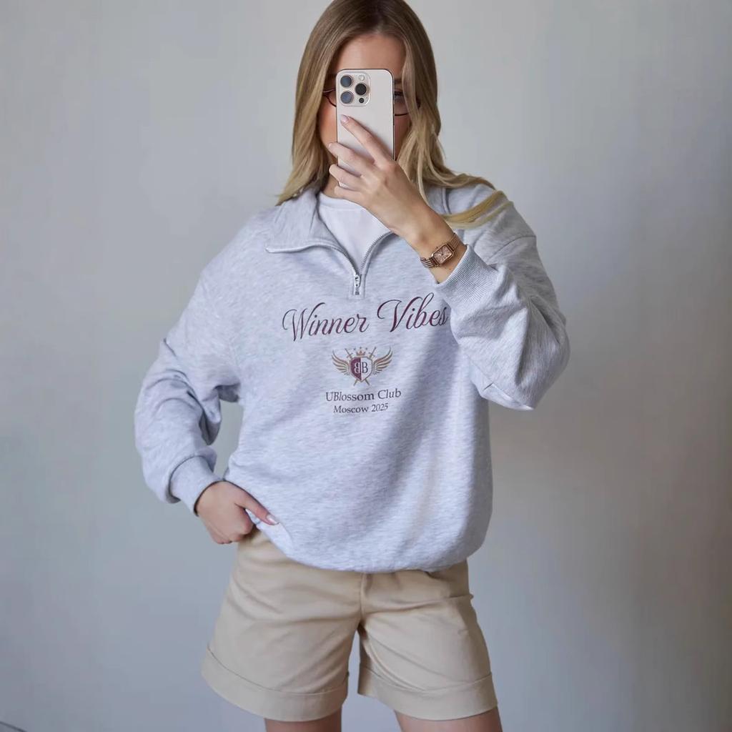 Women's Half Zip Turn Down Collar Sweatshirt Oversize Loose Fit Letter Wing Print Fleece Lined Pullover Top