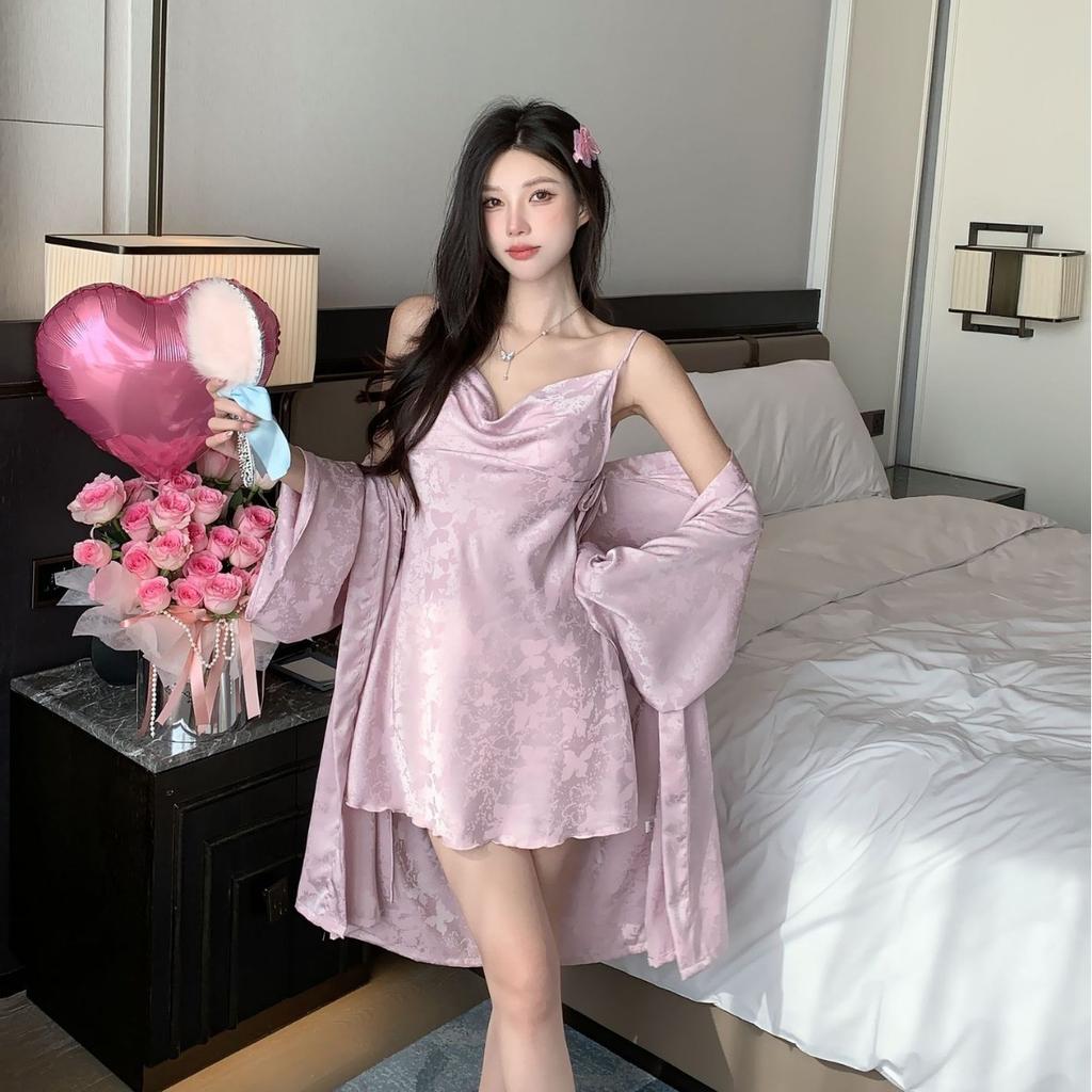 Sexy pajamas Women's Ice Ribbon chest pad New pure desire wind jacquard butterfly suspender nightgown nightgown silk loungewear