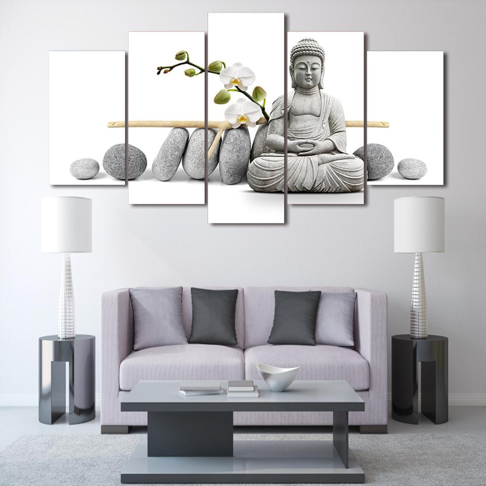 Wall Art Framework HD Printed Modern Canvas Painting 5 Panel Buddha Flower Living Room Home Decoration Modular Poster Pictures No Frame