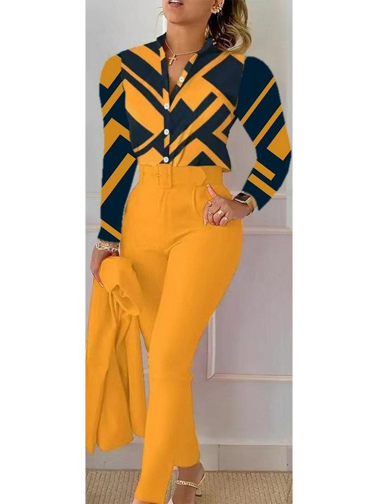 Printed Long-Sleeve Top & Solid Color Pants Suit with Belt