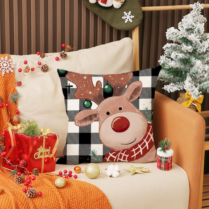 

New Christmas Set Linen Pillow Plaid Snowman Print Cushion Indoor Holiday Decoration Sofa Cushion 45X45cm (pillowcase only)