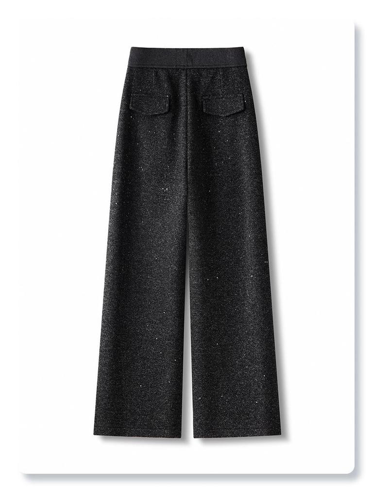Gray Rhinestone Wool Wide-Leg Pants - Women's Winter 2025 High-Waisted Velvet-Enhanced Straight-Leg Trousers