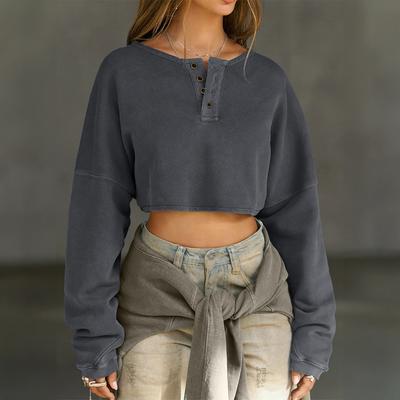 European American Fashion Simple Solid Color Long-sleeved Button Sweatshirt Women's Autumn Winter