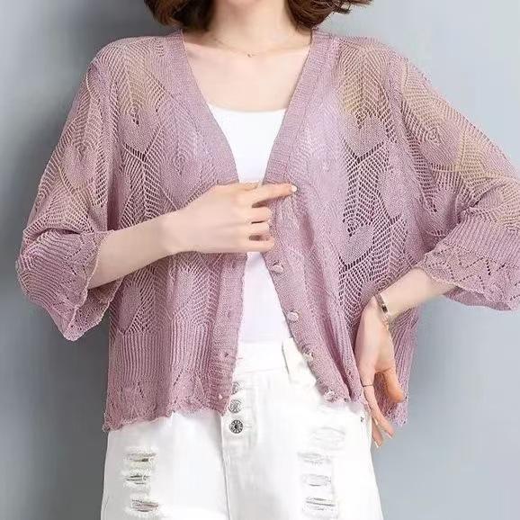 Women s Light Purple Hollow Crochet Knit Cardigan V-Neck 3/4 Sleeve Button Down Summer Sun Protection Cover Up S розовый
