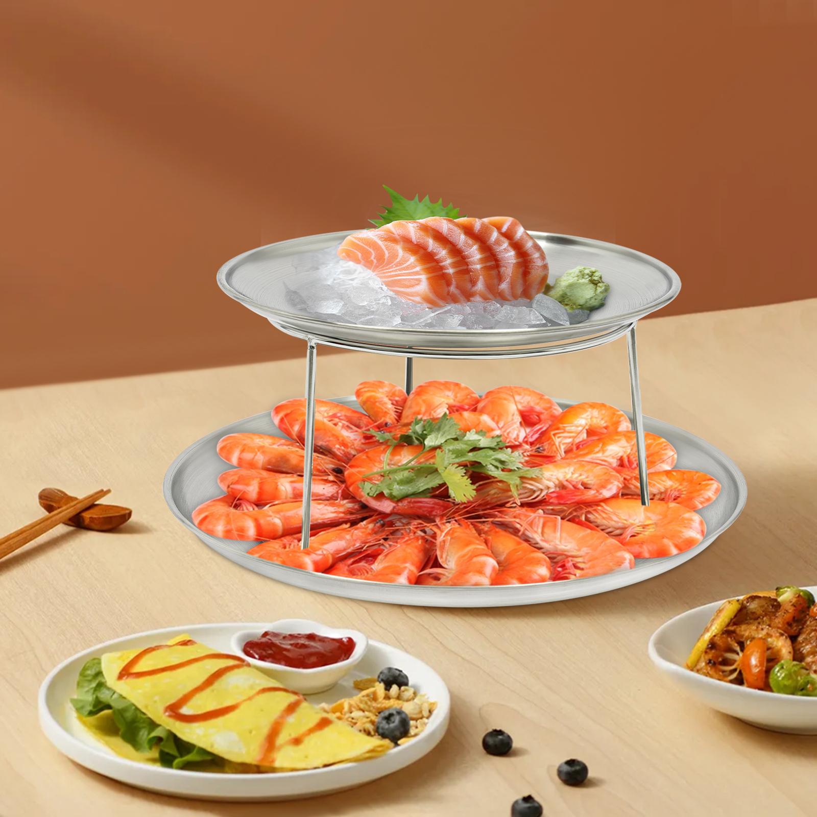 

Набор из 2-х ярусных тарелок для подачи морепродуктов, 20 см и 25 см, круглые металлические подносы на подставке, серебряное блюдо для закусок, поднос для суши, блюдо для вечеринки серебряный