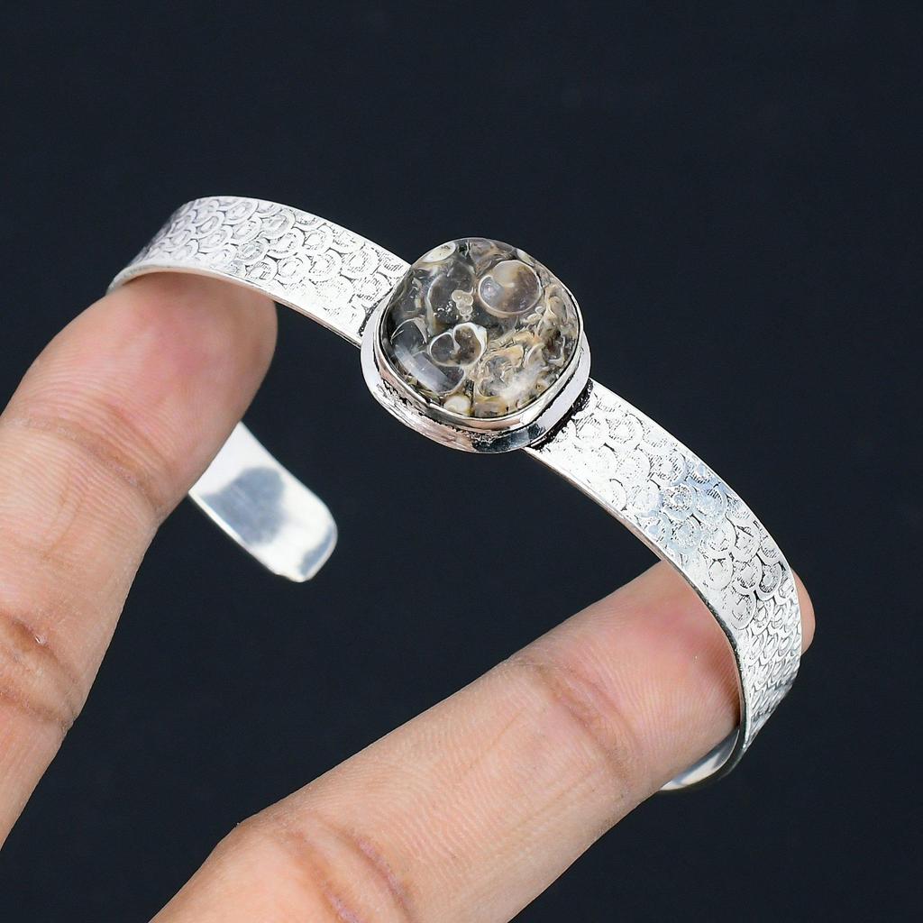Daughters Day Deal Turritella Agate Gemstone 925 Silver Trendy Bangle Bracelet