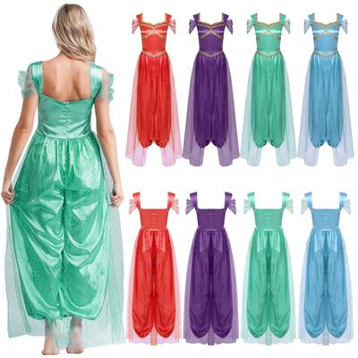 Womens Arabic Princess Sequin Trim Belly Dance Halloween Jumpsuit Bodysuit Party Costume