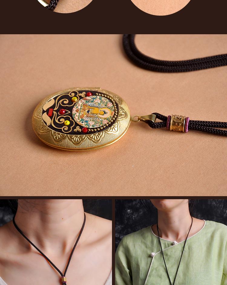 Vairochana Yellow Tibetan Amulet: Brass Box Pendant Necklace with Jambhala & Avalokiteshvara Hollow Design