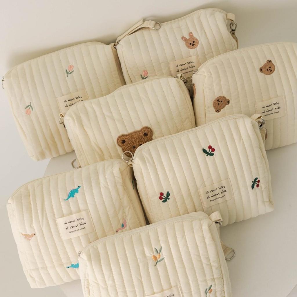 Zippered Cotton Mommy Bag - Stroller & Diaper Bag with Embroidery and Portable Tissue Holder