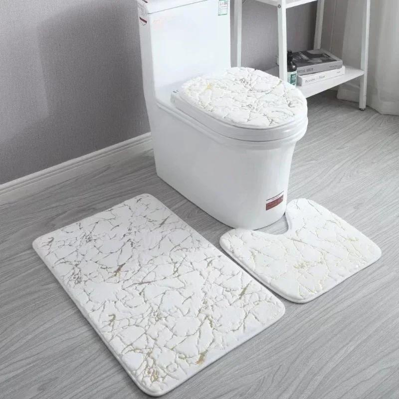 3pcs Set Flannel Carpet Bathroom Floor Pat Toilet Stripe Printing Anti Slip Wear-resistant Mats Bathroom Shower Rugs Toilet Mat