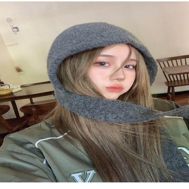 Korean Hood Scarf Balaclava Hat Ear Protection Warm Bomber Hats Women Retro Strap Bow Beanies Winter Accessories Knitted Law Hat