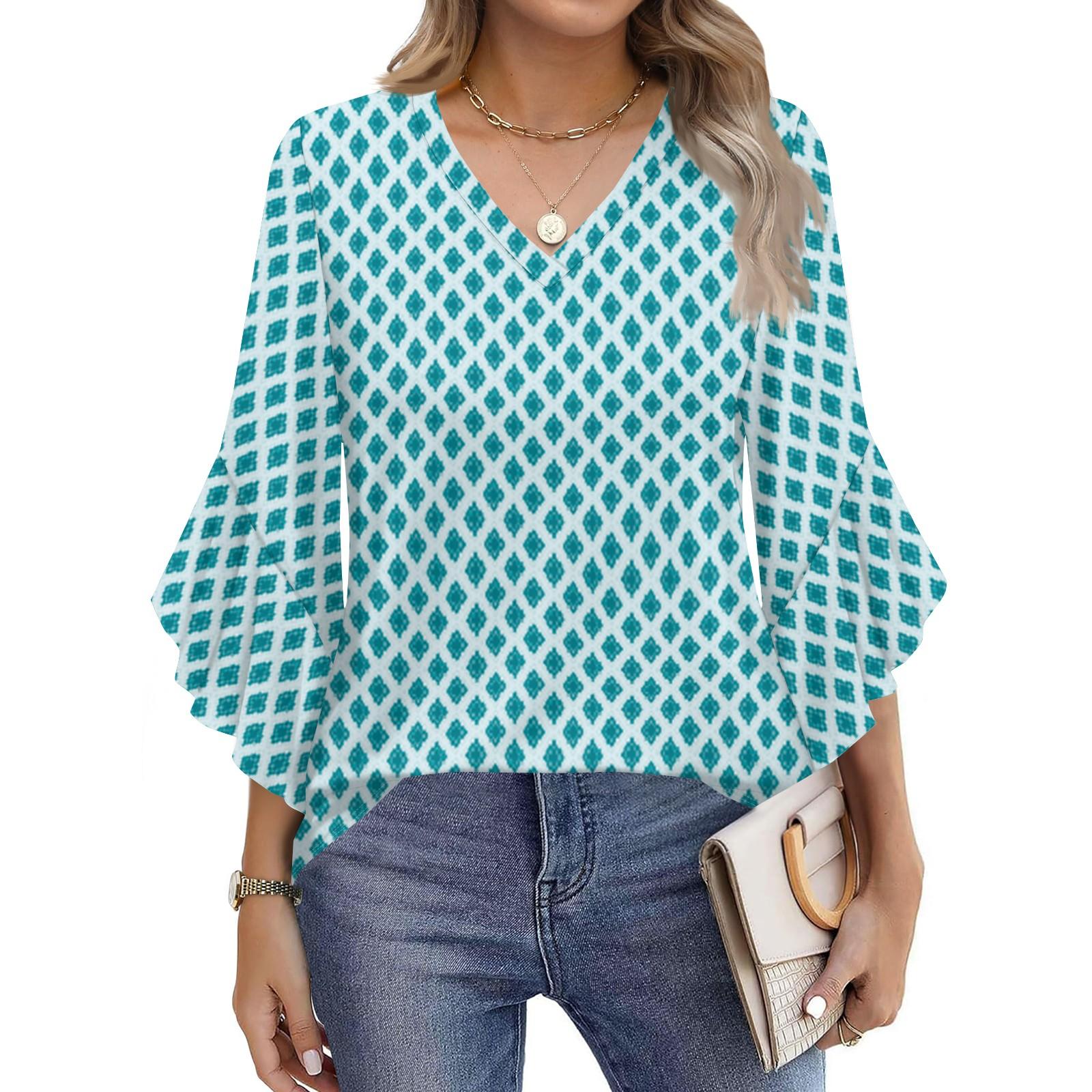 

Blouses For Women Dressy Casual 3/4 Length Sleeve Womens Tops V Neck Tshirts Shirts With Flared Sleeve M циан