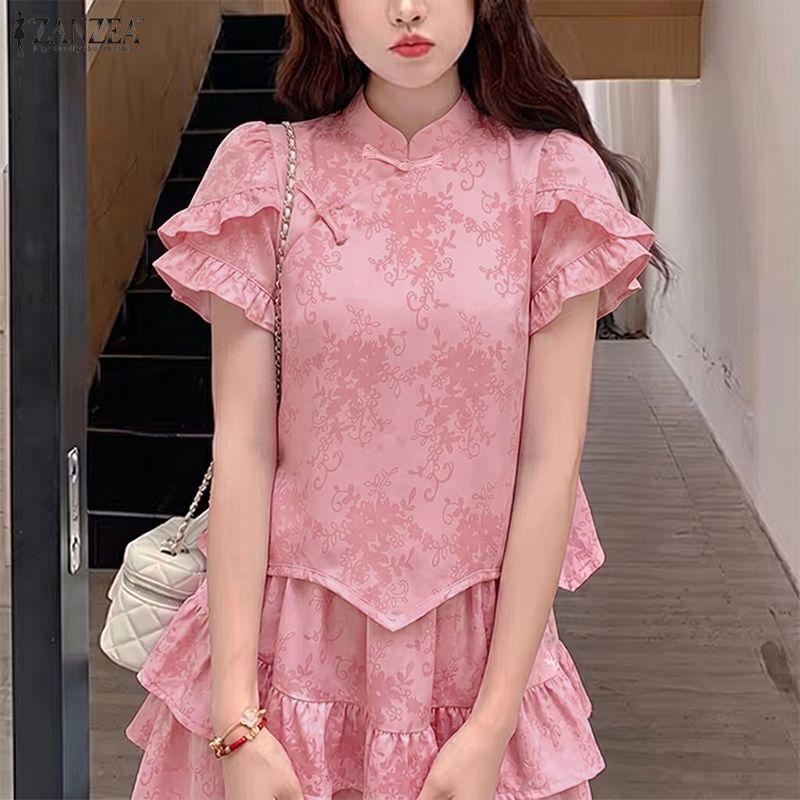 ZANZEA Elegant Women Casual Round Neck Short Sleeve Blouse