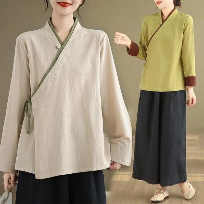 Damen Beige Wickelbluse Lässig V-Ausschnitt Leinenmischung Chinesischer Stil Krawatte Vorne Oberteil