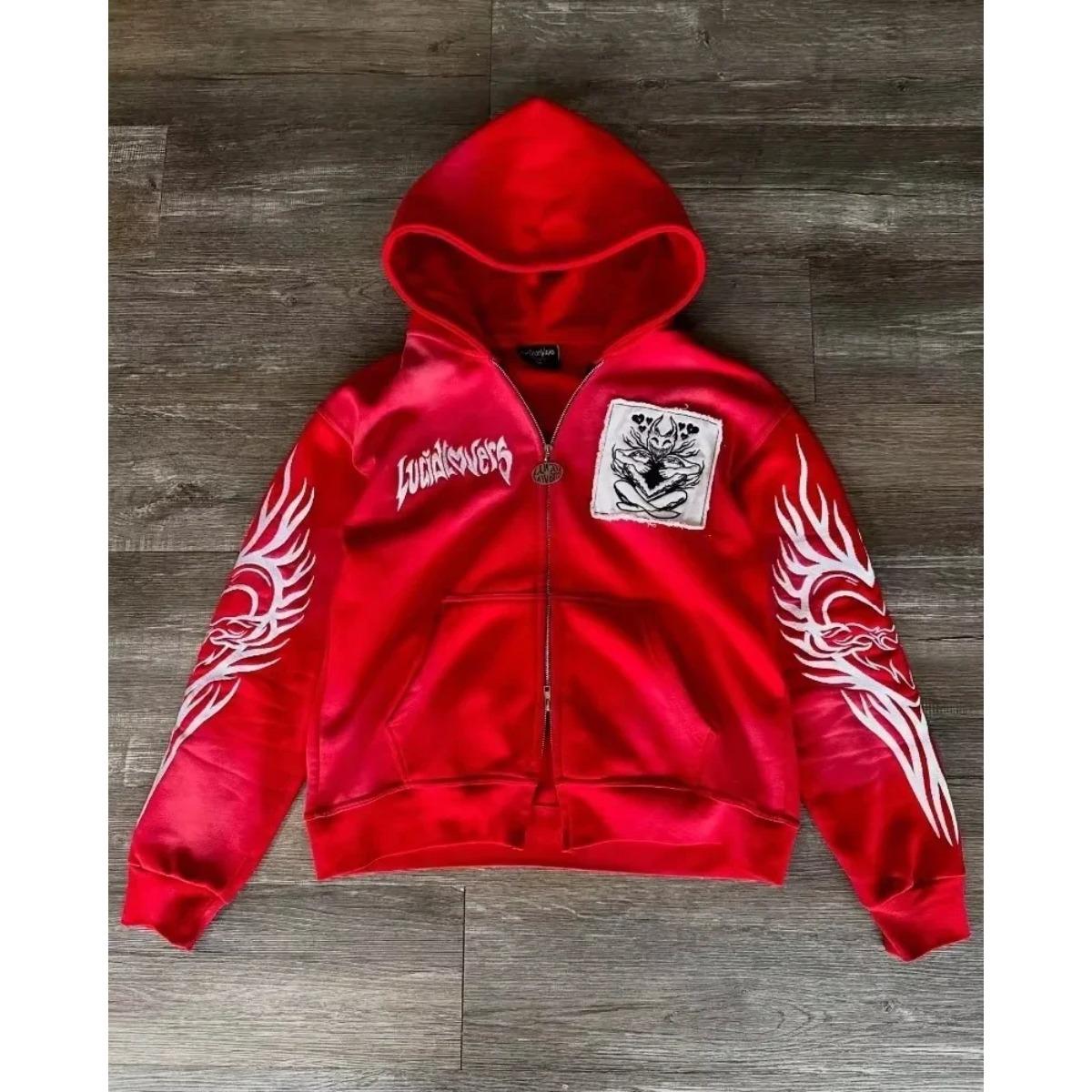 

STREETRICH Американская Рок Готика Графический Меховой Воротник Свободная Толстовка На Молнии Мужская и Женская Y2K Новый Харадзюку Панк Повседневная Толстовка С Капюшоном Стритвир S красный