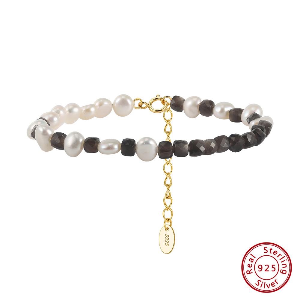 Effie Queen Natural Black Obsidian Beaded Bangle 925 Sterling Silver Black Obsidian Pearls Bracelet Fashion Jewelry Gift MPB26