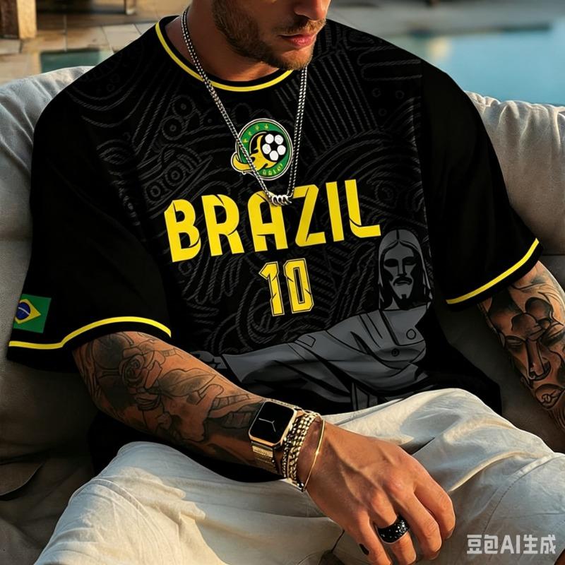 2026 Estate Brasile Rio Landmark Grafico Te Donna Stile Vintage Nero Oro Manica Corta Top Casual per Tifosi di Calcio Uso Quotidiano