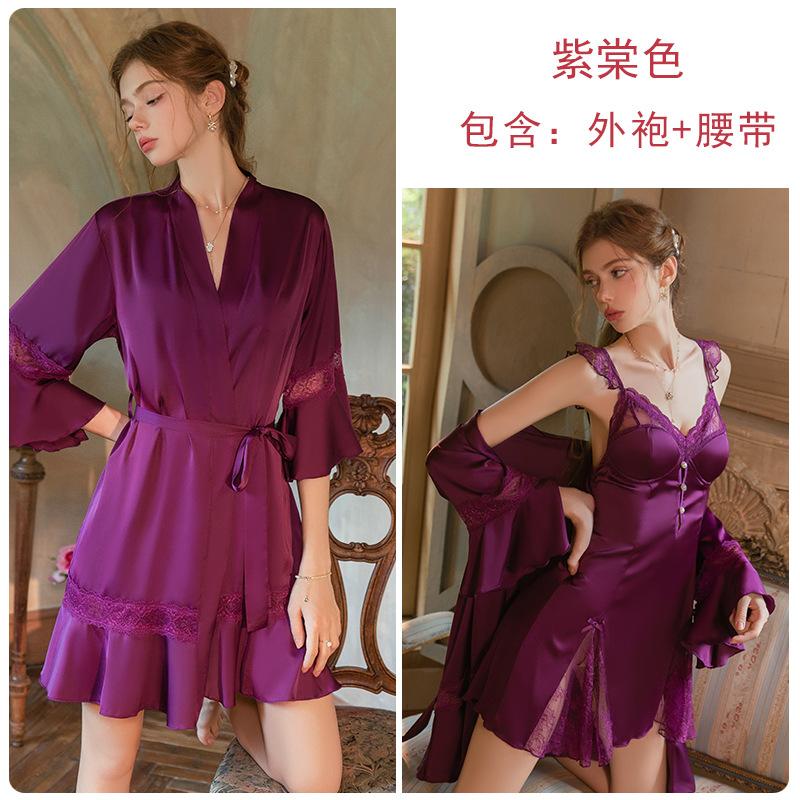 

Sexy deep V plus chest pad sweet flying sleeve satin lace nightdress robe large size home set J one size fits all