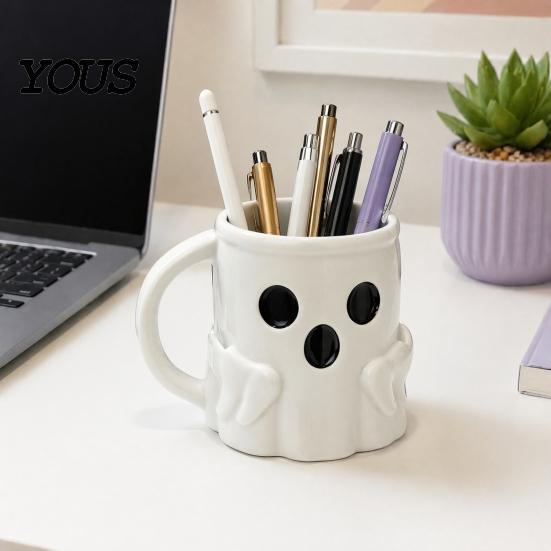 Halloween Party Geschirr Eisbecher mit Löffelhalter, 3D-gedruckter süßer Geisterbecher, Geformter Kaffeebecher Stiftehalter Dekoration, Weihnachten Geburtstag