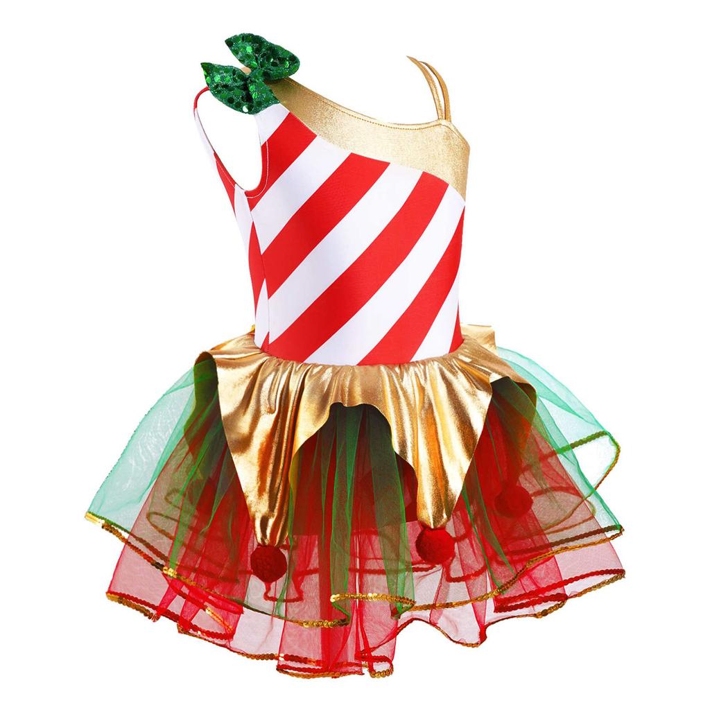 Kids Girls Stylish Dance Clothing Stage Performance Mesh Tutu Dress Christmas Carnival Cosplay