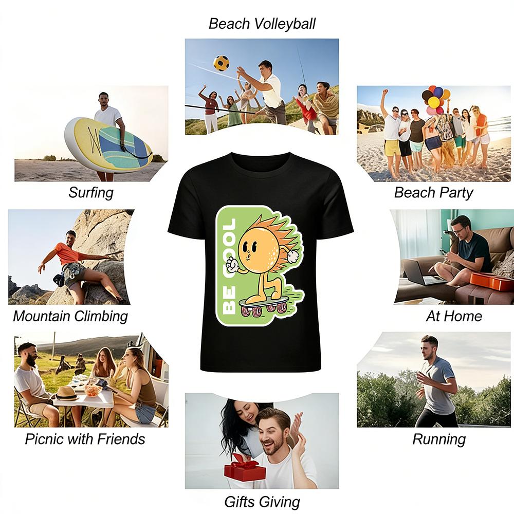 Cartoon Sun Skateboarding Print Casual T-shirt Unisex Loose Breathable Daily Wear Top Pure cotton T-shirt