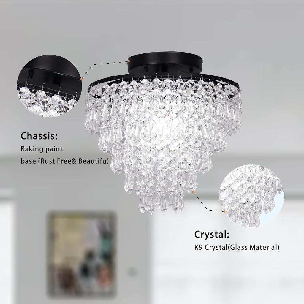 Crystal Lights LED Ceiling Light Modern Round Crystal Light Black Ceiling Light for Bedroom, Living Room, Hallway