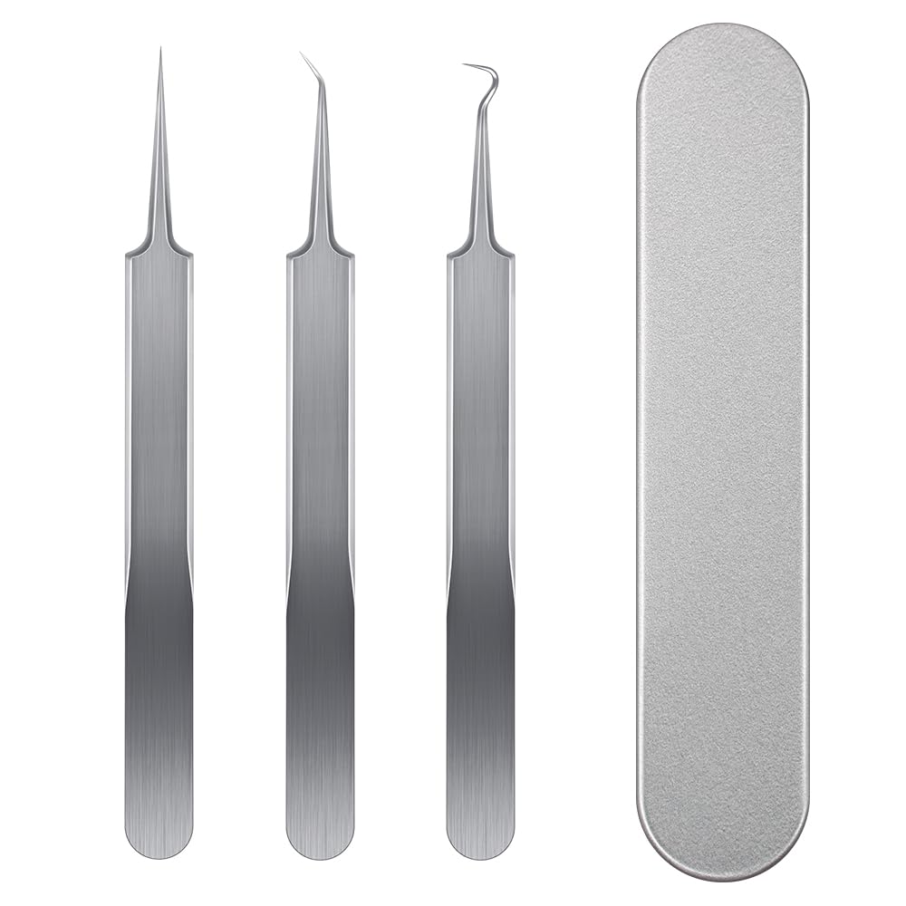 Precision tweezers for removing blackheads and Effectively removes and Includes a storage pores. blackheads, acne, comedones. case. Silver, 3-piece