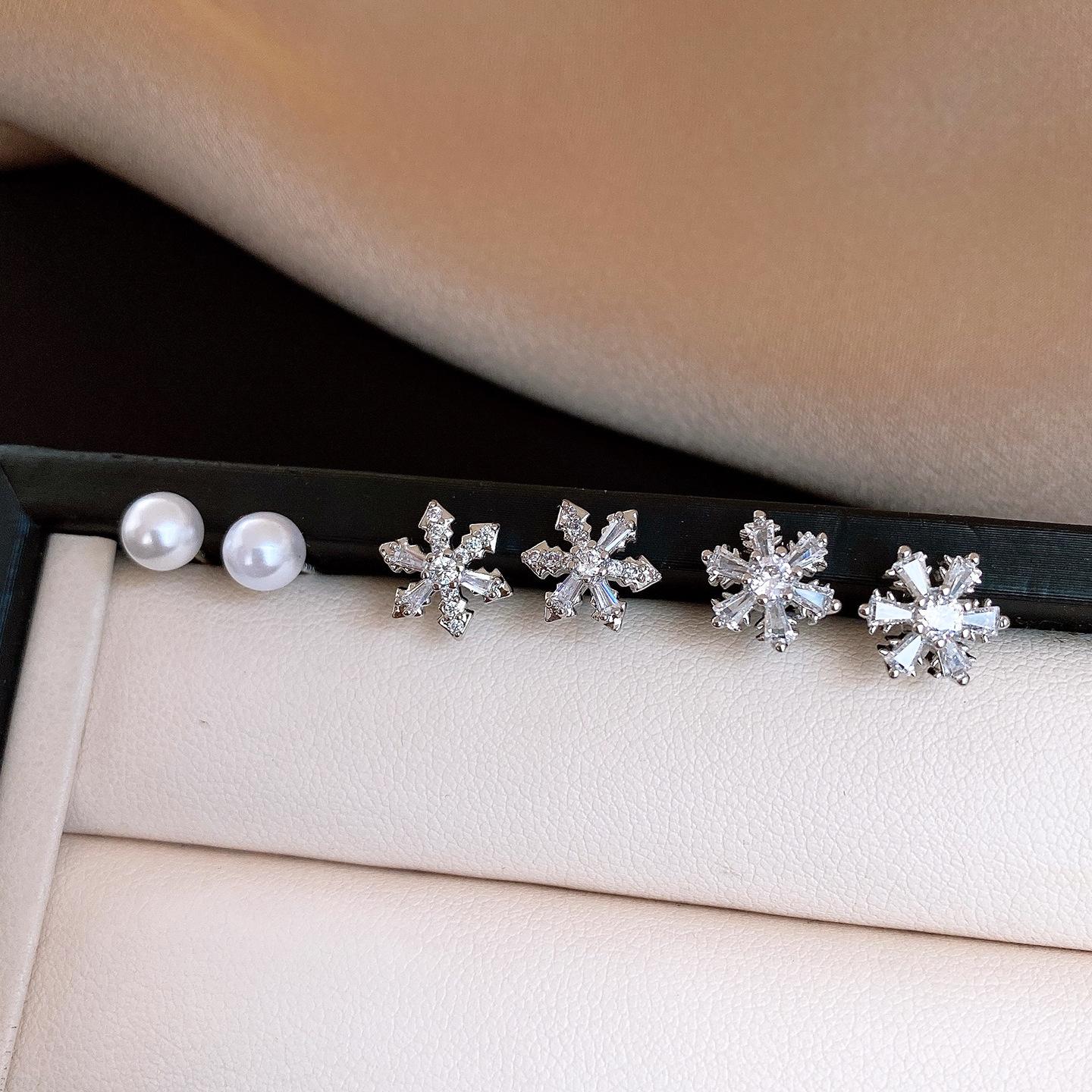 Super flash zircon pearl snowflake stud earrings exquisite versatile temperament six-piece earrings earrings