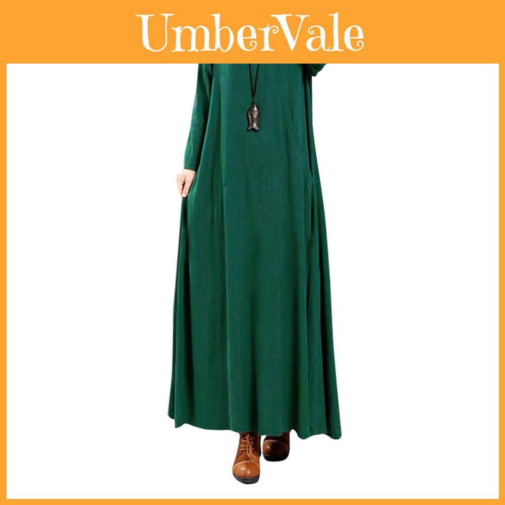Elegant Plus Size Women Cotton Long Sleeve Vintage Kaftan Casual Maxi Dress