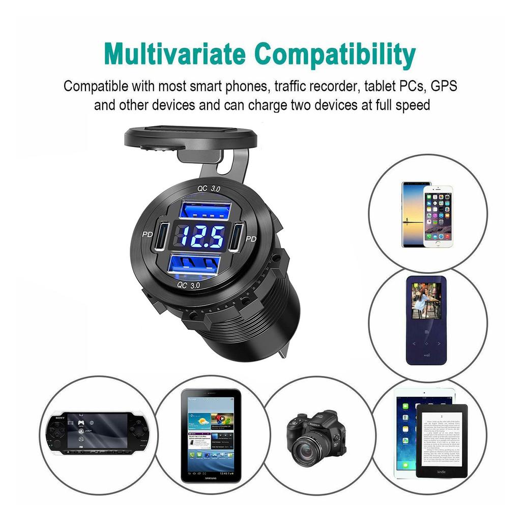 96W PD3.0 + QC3.0 4-Port Fast Car Charger with LED Display - iPhone Samsung Huawei Compatible Waterproof