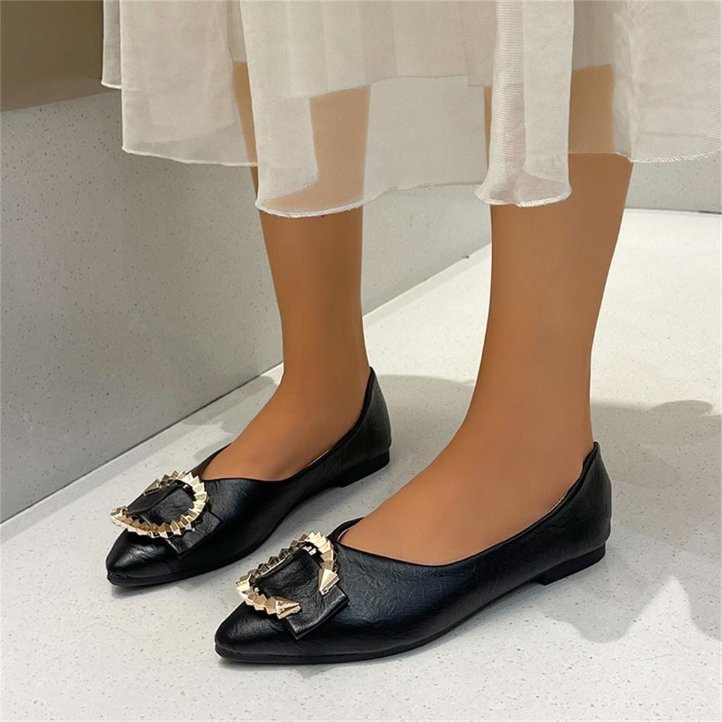 Sweet Flats Women Summer Casual Leather Slip on Pointed Toe Fashion Shoes for Women Solid Metal Buckle Casual Platform Flats