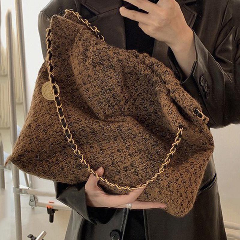 Large Capacity Brown Tweed Tote Bag with Chain Strap Minimalist Style Commuting and Daily Use Durable Handle Shoulder Bag KTY