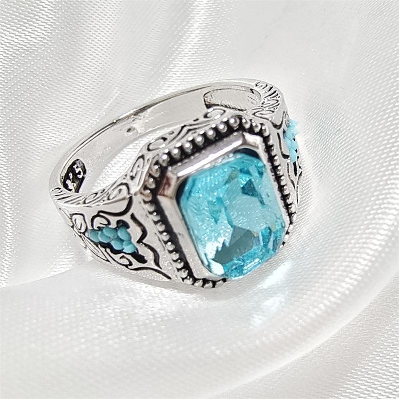 Accessories Geometric Square Aquamarine Zircon Ring For Women Vintage Textured Punk Hip Hop Ring For Men