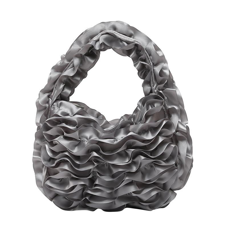 

Casual Fashion Mini Creamy Soft Tulle Spliced Handbag Urban Simple Style Nylon Material Folded Bag Bucket Shape Zipper Opening