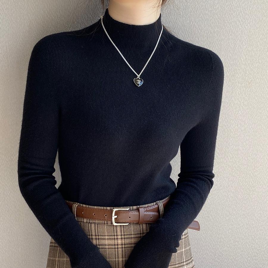 

Осенний новый полувысокий воротник облегающий вязаный свитер женский топ с длинным рукавом повседневный теплый базовый пуловер свитера женская модная зимняя одежда 25048 One Size чёрный