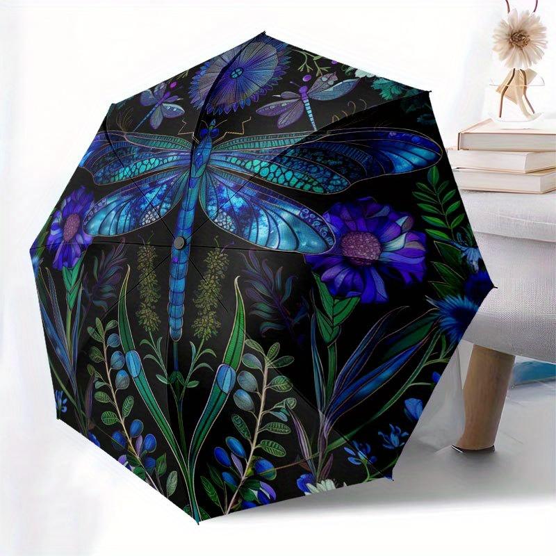 Blue Dragonfly Garden: A Vibrant Circular Art Print Umbrella, Cute Umbrella with Cute Design, Portable 3-Fold Compact Umbrella for Men & Women, Valent