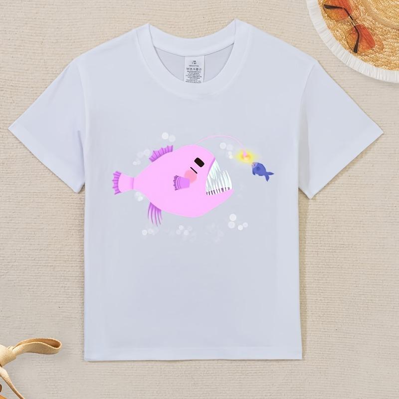 Children Crew Neck Short Sleeve T-Shirt with Anglerfish Print 110 белый