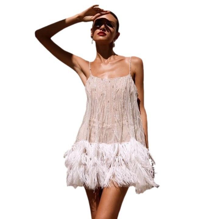 Sexy Backless Party Dress – Short Tassel Mesh Beaded Suspender Skirt